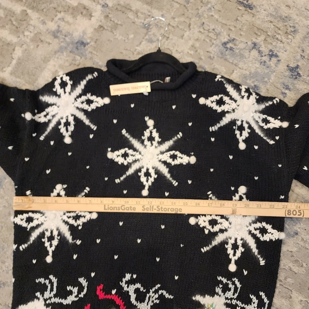 NWT Vintage Lauren Hansen‎ Roll Neck Hand Knitted Snowflake Reindeer Sweater L
